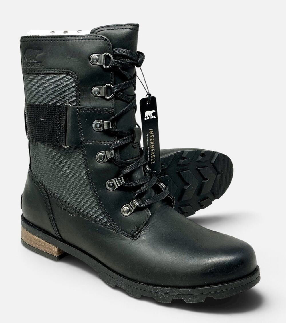 🆕SOREL Emelie Conquest Waterproof Black Leather Combat Boots Sz 8 NIB
